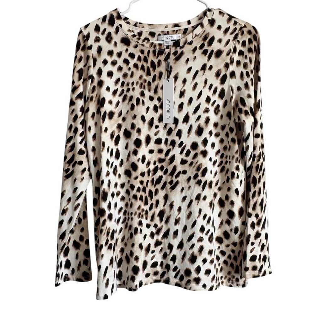 Chicos Animal Print Long Sleeve Top Sz 1 US M Office Casual Stretch Pullover NWT